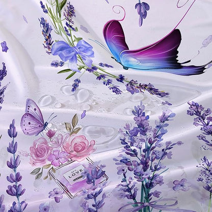 AILONEN Girls Butterfly Shower Curtain for Bathroom, Blooming Lavender Flower Purple Bath Curtain 48" W*72" H Polyester Fabric Waterproof Bathroom Curtain with 12 Hooks