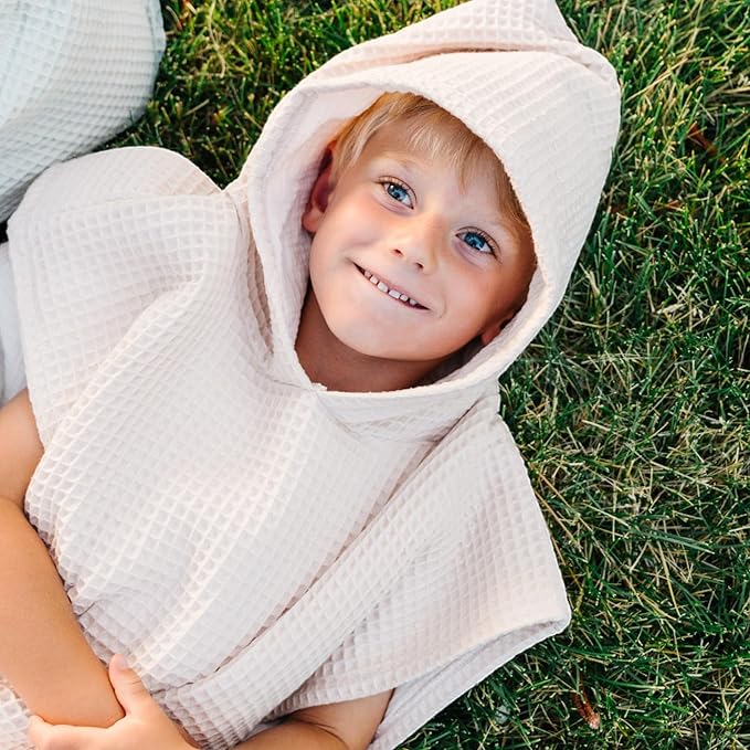 Hooded Towel for Kids | Snaps into a Poncho | Organic Cotton Waffle | Lightweight and Absorbent | Bath, Beach, and Pool | Multiple Colors | (Large (6-10 Yrs), Cloud)