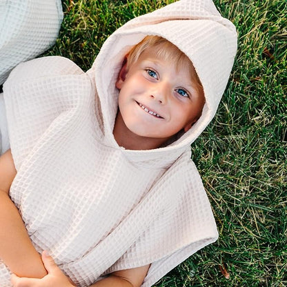 Hooded Towel for Babies + Toddlers | Snaps into a Poncho | Organic Cotton Waffle | Lighweight and Absorbent | Bath, Beach, and Pool | Multiple Colors (Small (0-3 Yrs), Cloud)
