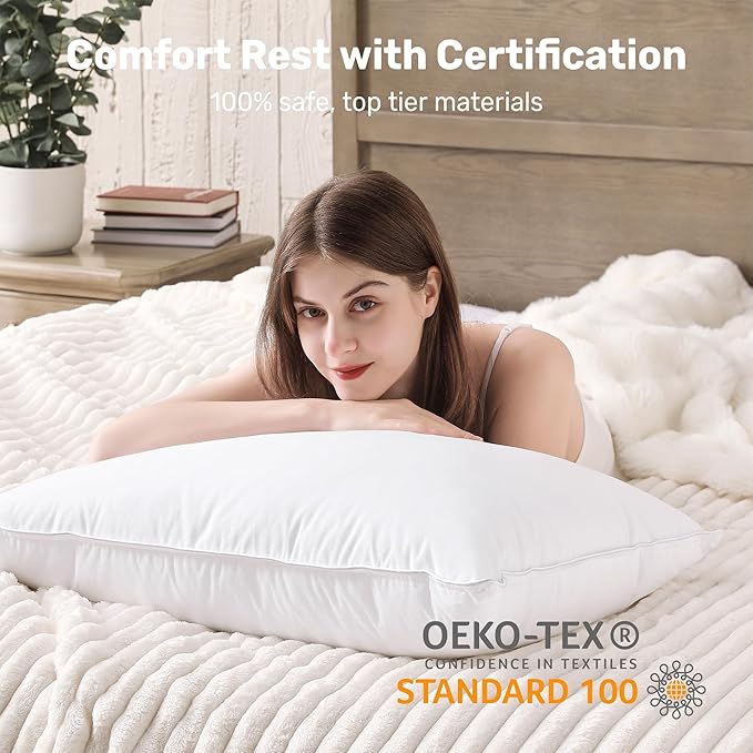 UNIKOME Hotel Collection Luxury Bed Pillows - 100% Cotton Standard Size Set of 2 Down Alternative Pillow Bedding Ultra Soft & Fluffy Pillow for Back, Stomach or Side Sleepers