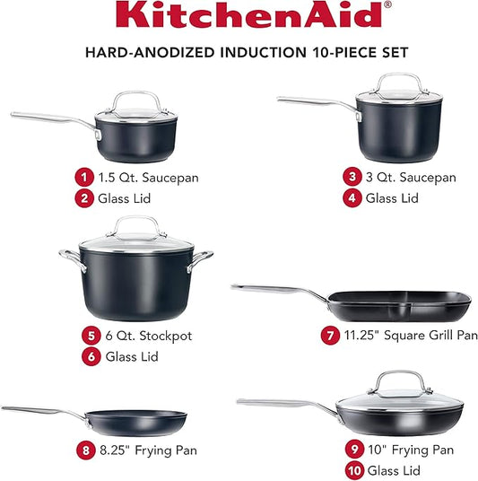 KitchenAid Hard Anodized Induction Nonstick Cookware Pots and Pans Set, 10 Piece, Matte Black