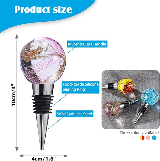 Murano Glass Wine Bottle Stopper Blown Glass Ball Art Deco, Reusable Wine Stoppers for Beverage Bottle Stoppers Decorative Bottle Stoppers for Gifts, Bar, Holiday Party, Wedding, Pack of 2