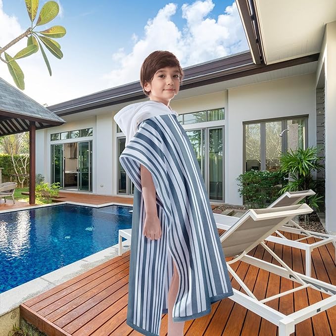 VOOVA & MOVAS Hooded Beach Towels for Boys| Girls | Teens (8-16Years), 100% Cotton Thick Poncho Towel Robe for Kids, Perfect for Pool, Beach, Bath and Gifts, Grey Cabana Stripe Design