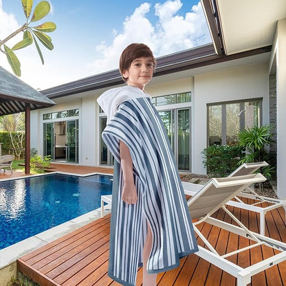 VOOVA & MOVAS Hooded Beach Towels for Boys| Girls | Teens (8-16Years), 100% Cotton Thick Poncho Towel Robe for Kids, Perfect for Pool, Beach, Bath and Gifts, Grey Cabana Stripe Design