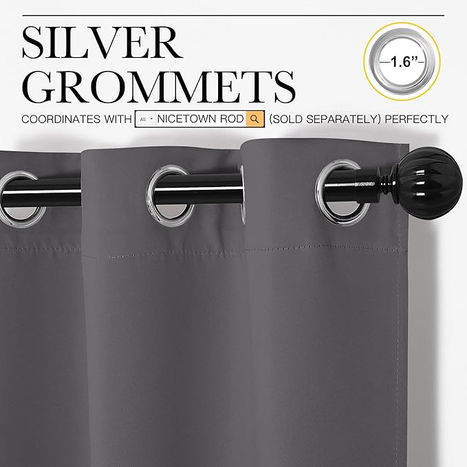 NICETOWN Grey Blackout Curtain Panels for Bedroom, Thermal Insulated Grommet Top Blackout Draperies and Drapes for Basement (2 Panels, W55 x L68-inch, Grey)