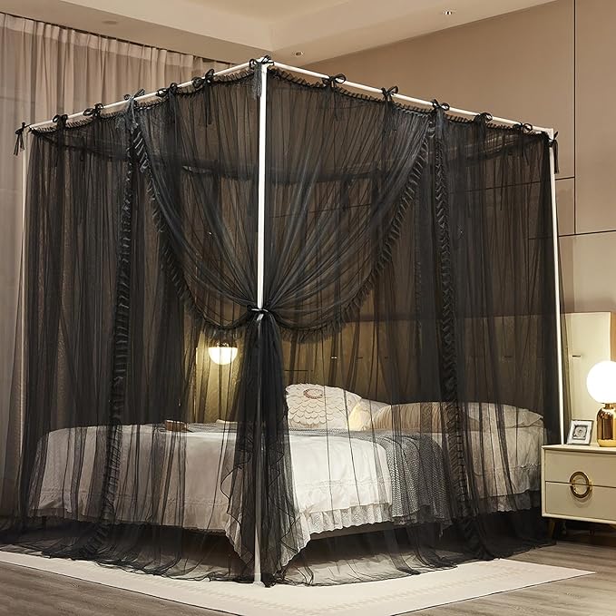 4 Corners Post Princess Curtain Bed Canopy Lace Up Double Layer 4 Opening Mosquito Net Mesh for Girls Bedroom Decoration(Black, 59" W*82" L*82" H/Queen)