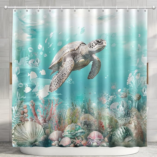 Sea Turtle Shower Curtain for Bathroom Ocean Beach Shower Curtain Set with 12 Hooks (Sea Turtle, 72" x 72")