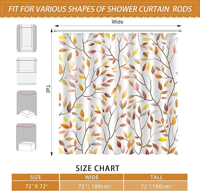 Boho Fall Shower Curtain, Autumn Colorful Botanical Flower Leaves Bohemian Yellow Fabric Shower Curtain Set with 12 Hooks, Bathroom Accessories Decor Cloth Curtain 72x72 Inches