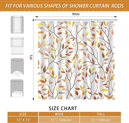 Boho Fall Shower Curtain, Autumn Colorful Botanical Flower Leaves Bohemian Yellow Fabric Shower Curtain Set with 12 Hooks, Bathroom Accessories Decor Cloth Curtain 72x72 Inches