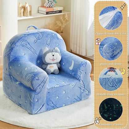 Toddler Chair Sherpa Couch Sherpa Kids Chair, Cuddly Comfy Toddler Plush Chair Toddler Couch Reading Chair for Kids Glow in The Dark Starry Sky Blue