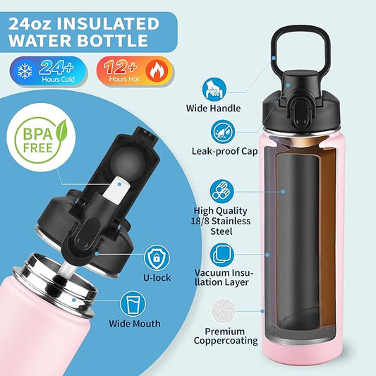 Insulated water bottle with Straw,24oz Stainless Steel Water Bottle for Adult Kids,Double Wall Vacuum Wide Mouth Insulated Water Bottle for Sports,BPA-free and Leak-proof（24oz,Pink）