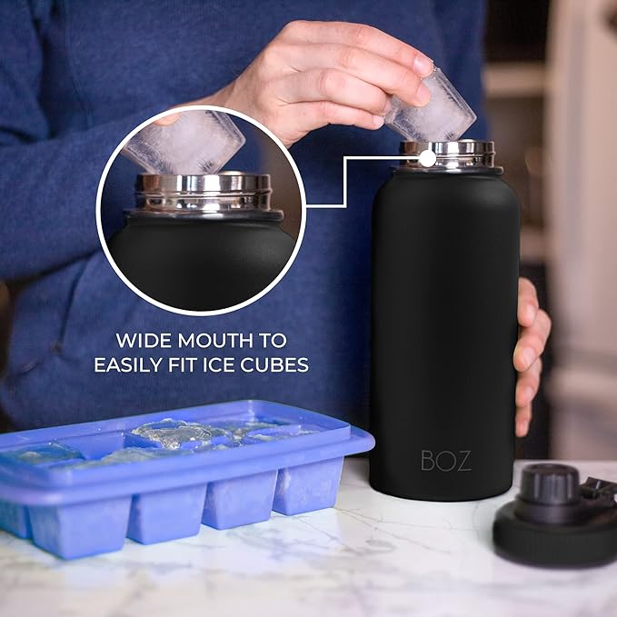 BOZ Stainless Steel Water Bottle XL (1 L / 32oz) Wide Mouth, BPA Free, Vacuum Double Wall Insulated (Matte Black)