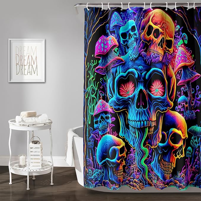 AILONEN Mushroom Skull Shower Curtain for Bathroom,Purple Mushroom Skull Bath Curtain,Fantasy Fairy Skull Skeleton Decoration Bathroom Waterproof Shower Curtain with 12 Plastic Hooks, 36" W*72" H