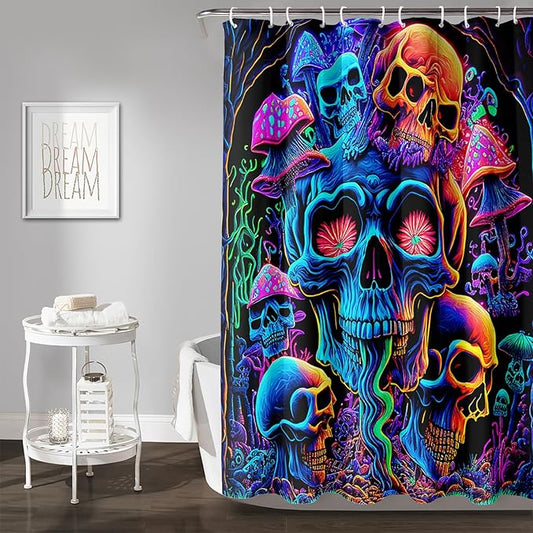 AILONEN Mushroom Skull Shower Curtain for Bathroom,Purple Mushroom Skull Bath Curtain,Fantasy Fairy Skull Skeleton Decoration Bathroom Waterproof Shower Curtain with 12 Plastic Hooks, 36" W*72" H