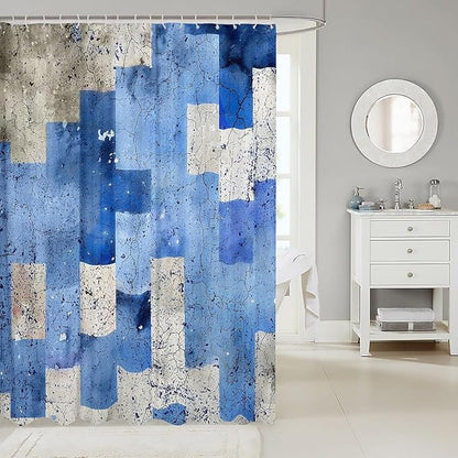 Feelyou Kids Geometric Blue Shower Curtain Geometry Bath Curtain Boys Girls Checkered Bathroom Shower Curtain Set Modern Art Teens Bathroom Accessories Room Decor 72"x84"