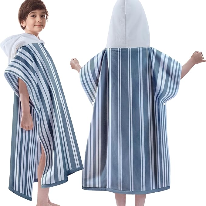 VOOVA & MOVAS Hooded Beach Towels for Boys| Girls | Teens (8-16Years), 100% Cotton Thick Poncho Towel Robe for Kids, Perfect for Pool, Beach, Bath and Gifts, Grey Cabana Stripe Design