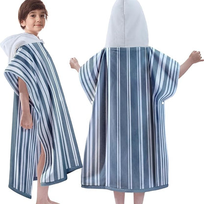 VOOVA & MOVAS Hooded Beach Towels for Boys| Girls | Teens (8-16Years), 100% Cotton Thick Poncho Towel Robe for Kids, Perfect for Pool, Beach, Bath and Gifts, Grey Cabana Stripe Design