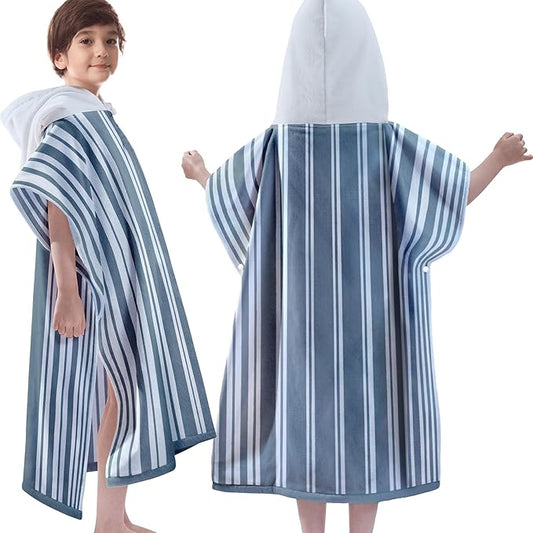 VOOVA & MOVAS Hooded Beach Towels for Boys| Girls | Teens (8-16Years), 100% Cotton Thick Poncho Towel Robe for Kids, Perfect for Pool, Beach, Bath and Gifts, Grey Cabana Stripe Design