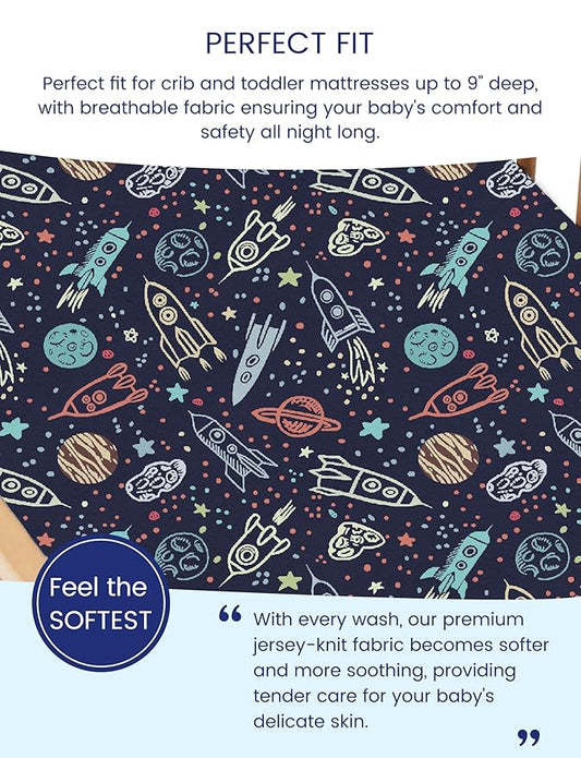 TotAha Premium Stretchy Space Crib Sheets (2-Pack)-Hypoallergenic, Silky Comfort, Buttery Soft, Calming Effect, All-Season Jersey-Knit Sheets, 9'' Extra Deep Pocket