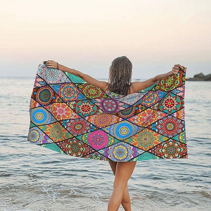 Beach Towel, Colorful Tribal Bohemian Mandala Beach Towel Oversized Sand Proof Absorbent, Quick-Dry Bath Pool Swim Towel for Shower Spa Vacation, 29.5” X 59”
