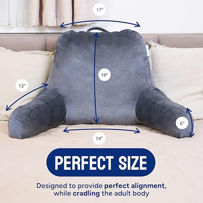 ComfortSpa Reading Pillow for Bed Adult Size, Back Rest Pillow with Arms, Pockets and Washable Cover; Use as a Back Pillow for Bed Sitting Up for Bedrest or Relief from GERD Heartburn (X-Large Grey)