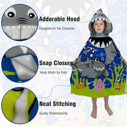 Hooded Kids Beach Towels - Toddler Bath Towel Girls Boys Swim Cover-ups for Ages 4 to 10 Kids Pool Towels Quick Dry Lightweight Soft Microfiber Poncho 30x30 with Bag (Navy Sharks)