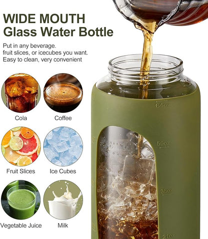 TKK 64 OZ Glass Water Bottle with Straw and Handle Half Gallon Bottle with Silicon Sleeve 2L Sports Water Bottles for Fitness, Gym, Workout, Workout - Olive