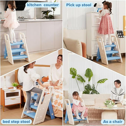Folding Toddler Step Stool for Bathroom Sink,Adjustable 3 to 2 Step Stools for Toilet Potty Training,Sturdy Kids Step Stool for Kitchen Counter with Handle,Blue