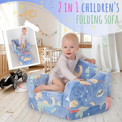 Thick Comfy Toddler Chair and Couch for Kids，2-in-1 Soft Plush Fold Out Sofa for Children，Convertible Couch to Lounger for Toddler