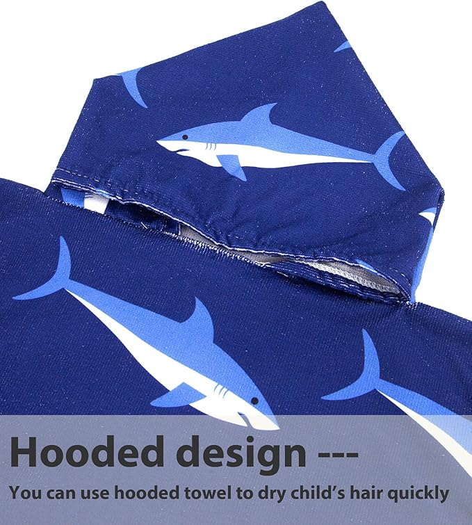 MissShorthair Kids Toddler Poncho Towels, Hooded Beach Towel for Girl&Boy, Surf Poncho Swim Changing Robe Microfiber Bath Towel for 1-3 Years Blue Shark