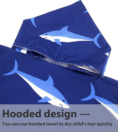 MissShorthair Kids Toddler Poncho Towels, Hooded Beach Towel for Girl&Boy, Surf Poncho Swim Changing Robe Microfiber Bath Towel for 1-3 Years Blue Shark