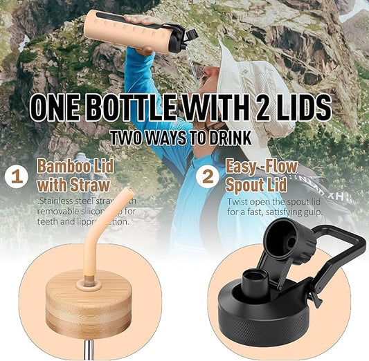 Glass Water Bottles with Straw -32oz- Water Bottle Phone Holder for Gym Large Motivational Water Bottle with Time Marker Glass Drinking Bottles 2 Lids - Spout & Bamboo Straw Lid(Amber)