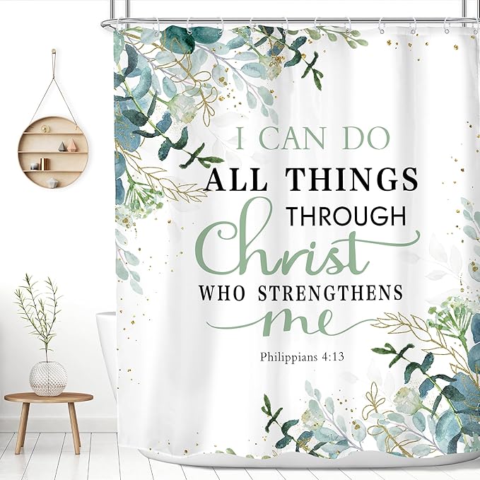 MESHELLY Green Christian Shower Curtain 60Wx72H Inspirational Shower Curtain Rustic Eucalyptus Bible Verses Quotes Bathroom Curtain for Women Scriptures Leaves Bathroom Decor Fabric with 12 Hooks