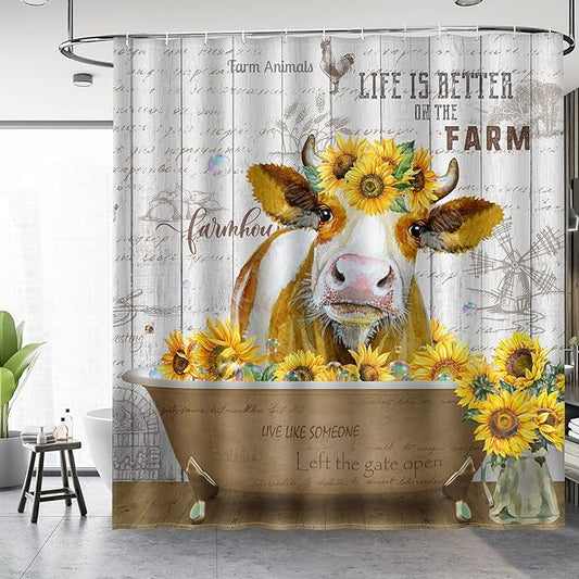 Aimego Cow Sunflower Shower Curtain Funny Cute Farm Animal Rustic Wooden Country Farmhouse Shower Curtain Set with 12 Hooks for Bathroom Decor Accessories Bathtub Curtain, 72"x72"