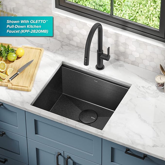 KRAUS Kore 21 Inch Undermount Workstation 16 Gauge Stainless Steel Single Bowl Kitchen Sink n PVD Gunmetal Finish with Accessories, KWU1101-21-PGM