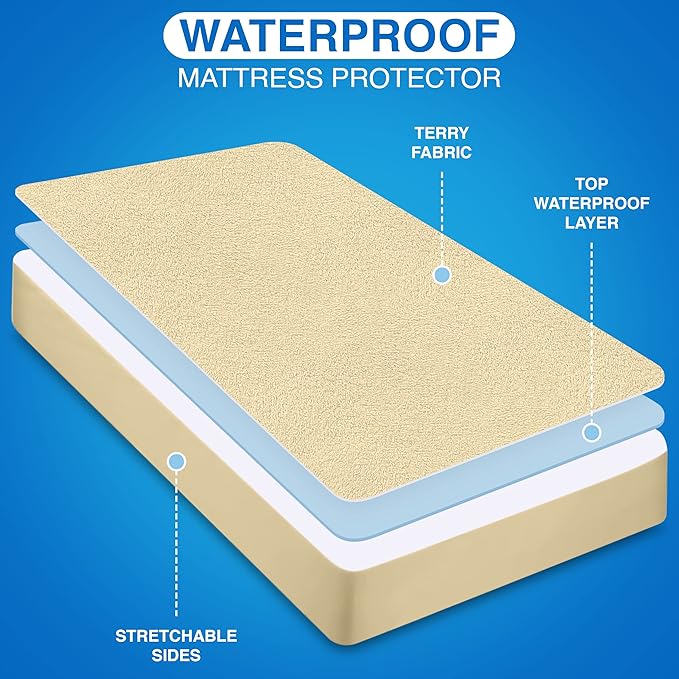 Utopia Bedding Waterproof Mattress Protector Twin XL Size, Premium Terry Mattress Cover 200 GSM, Breathable, Fitted Style with Stretchable Pockets (Beige)