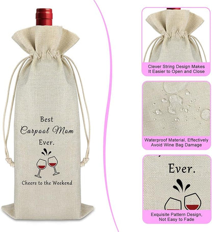 Gfhzdmf Mother's Day Gift for Mom Carpool Mom Wine Bag Birthday Gift for Mom Mother in Law Christmas Holiday Vocation Gift for Women Thank You New Year Gift for Mommy Mama Cotton Burlap Wine Wrap Bag