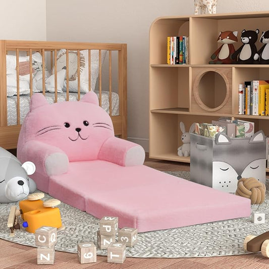Kids Sofa Chair for Toddler, 2-in-1 Folding Soft Baby Couch with Removable Cover, Comfy Plush Children's Recliner, Convertible Floor Sofa Bed to Lounger for Girls Boys Age 1-3,Cat Pink