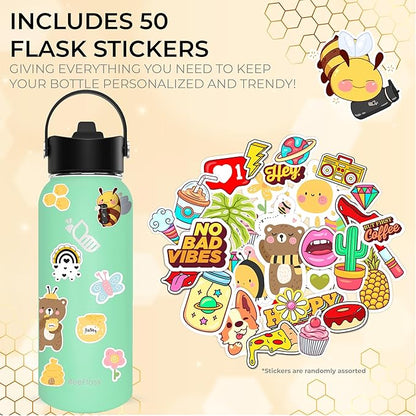 Sports Water Bottle - 32 Oz, 3 Lids (With straw), 50 Cute Stickers, Vacuum Insulated, 308 Stainless Steel, with a Portion of Sales Supporting Bee Conservation Efforts (Mint Green)