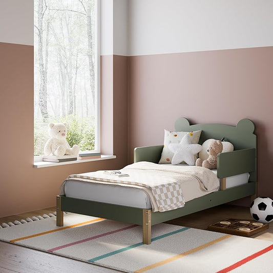Storkcraft Teddy Bear Toddler Bed (Olive with Driftwood) - GREENGUARD Gold Certified, includes Toddler Safety Guardrails, Fits Standard Crib & Toddler Mattress, Stylish 2-Tone Design