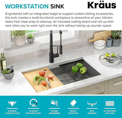 Kraus KWU110-32/5.5 Kore ADA Workstation 32-inch Undermount 16 Gauge Stainless Steel Single Bowl Kitchen Sink with Accessories, 32 Inch