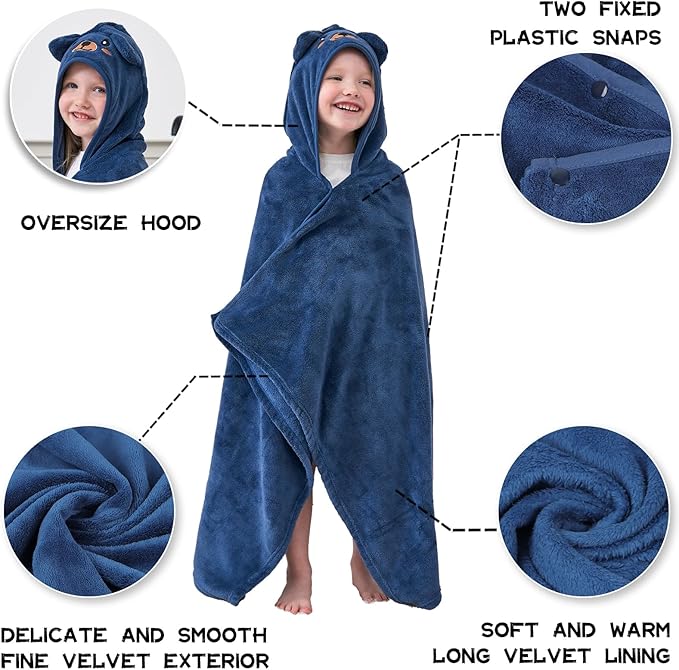 Hiturbo Kids Animal Hooded Towel: Soft Plush Fleece Blanket - 50"x30" Swim Cover Up - Pool Beach Bath Towel Wrap for 3-12 Yrs (Navy Bear)