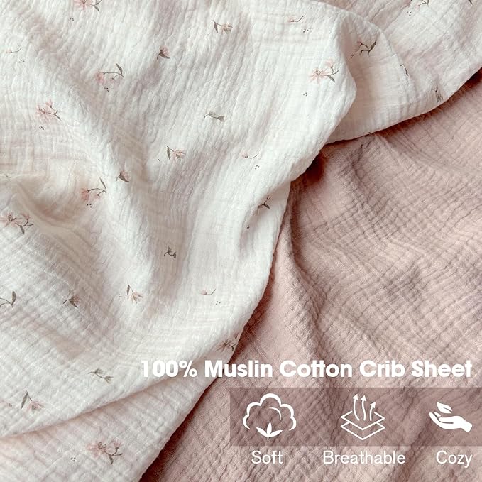Muslin Crib Sheets, 2pk Neutral Fitted Baby Toddler Bed Sheets for Standard Crib Mattress & Toddler Bed Mattress, 28 x 52 inches, Fog Flower