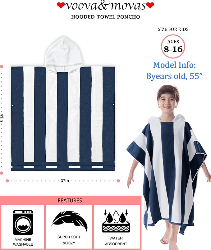 VOOVA & MOVAS Hooded Towel Poncho for Boys| Girls | Teens (8-16Years), 100% Cotton Thick Poncho Towel Robe for Kids, Perfect for Pool, Beach, Bath and Gifts, Navy White Stripe