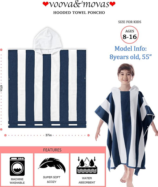 VOOVA & MOVAS Hooded Towel Poncho for Boys| Girls | Teens (8-16Years), 100% Cotton Thick Poncho Towel Robe for Kids, Perfect for Pool, Beach, Bath and Gifts, Navy White Stripe
