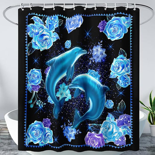 AILONEN Catrtoon Dolphin Shower Curtain Bathroom 72" W*72" H Blue Dolphin Curtain Cloth Fabric Bathroom for Kids Girls,3D Blue Rose with Jumping Dolphins Shower Curtain Set