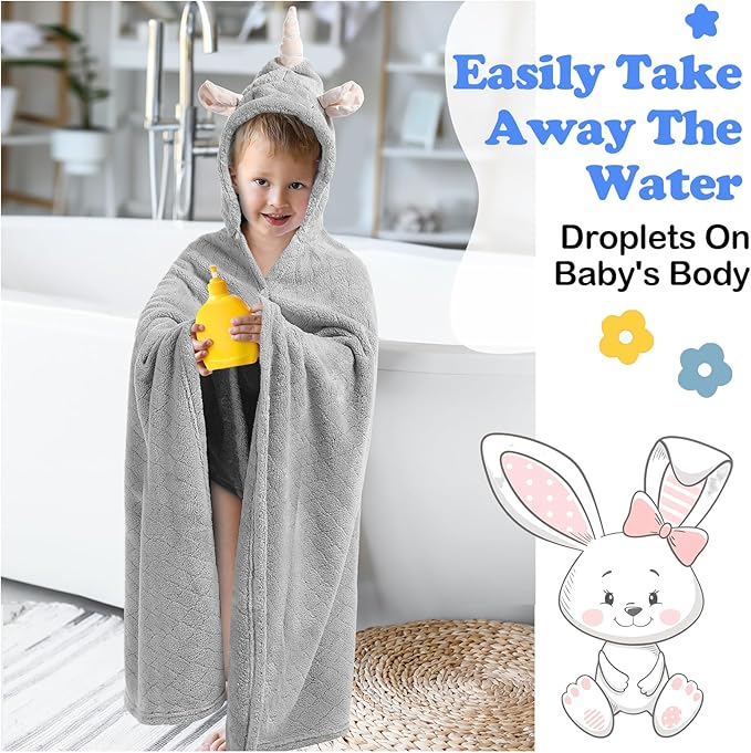 2 Pcs Toddler Hooded Bath Towel 50" x 32'' Thick Animal Hooded Towel for Kid Absorbent Baby Bath Towel Bathrobe Blanket for Boy Girls 0-5 Years(Light Grey, White, Unicorn, Rabbit)