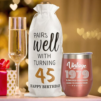 Lifecapido 45th Birthday Gifts for Women, Vintage 1979 Limited Edition Insulated Wine Tumbler with Wine Bag, 45 Year Old 45th Birthday Presents Christmas Gifts for Friends Mom Aunt Wine Lover, 12 oz