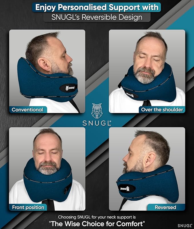 SNUGL Neck Travel Pillow - Memory Foam Airplane Pillow - Flight Pillow | Neck Support Travel Pillow with Carry Bag & Clip | Neck Pillows for Sleeping Travel Plane | Flying Travel Essentials - Navy