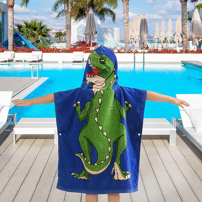 VOOVA & MOVAS Kids Poncho Towels with Hood (2-6Years), Soft Cotton Poncho for Boys Girls, Perfect for Child Swim | Camping Surf | Shower | Birthday Gifts, Dino/Dinosaur Theme